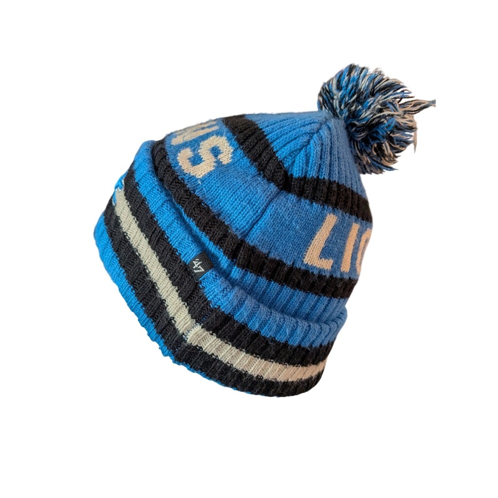 Detroit‎ Lions NFL Knit Beanie Hat Blue Black Striped Pom Cuffed Mens One Size - Picture 3 of 4